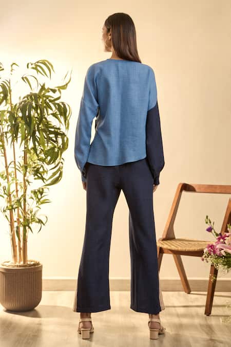 Babita Malkani Blue Linen Embroidery Asymmetric Wrap Style Pant Set Online at Aza Fashions Babita Malkani_Blue Linen Embroidery Asymmetric Wrap Style Pant Set _Online_at_Aza_Fashions