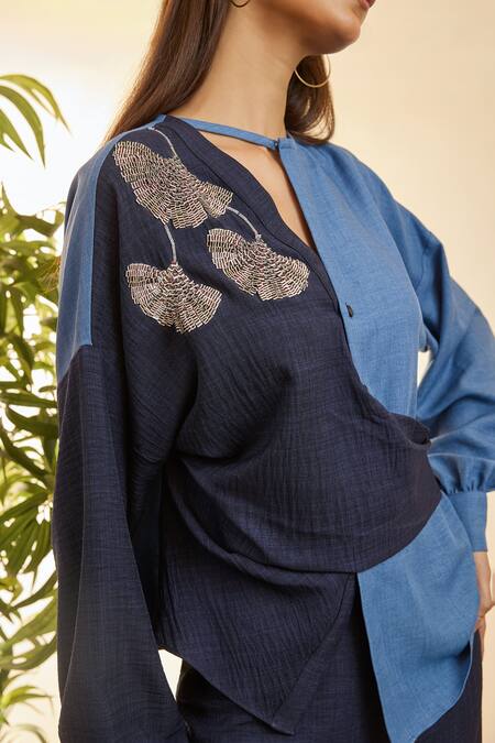 Buy Babita Malkani Blue Linen Embroidery Asymmetric Wrap Style Pant Set Online at Aza Fashions Buy_Babita Malkani_Blue Linen Embroidery Asymmetric Wrap Style Pant Set _Online_at_Aza_Fashions