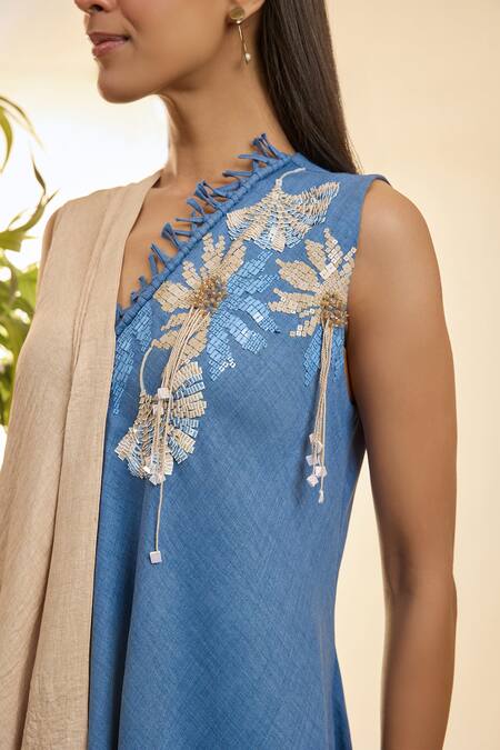 Buy Babita Malkani Beige Turkish Linen Mosaic Floral V Neck Embroidered Asymmetric Dress Online at Aza Fashions Buy_Babita Malkani_Beige Turkish Linen Mosaic Floral V Neck Embroidered Asymmetric Dress _Online_at_Aza_Fashions