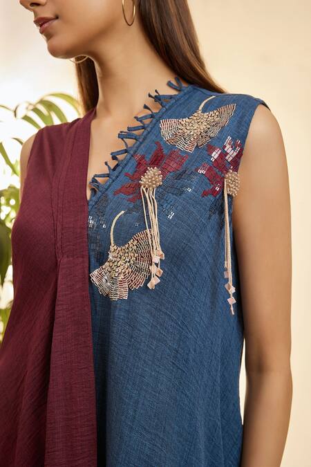 Buy Babita Malkani Blue Turkish Linen Mosaic Floral V Neck Embroidered Asymmetric Dress Online at Aza Fashions Buy_Babita Malkani_Blue Turkish Linen Mosaic Floral V Neck Embroidered Asymmetric Dress _Online_at_Aza_Fashions
