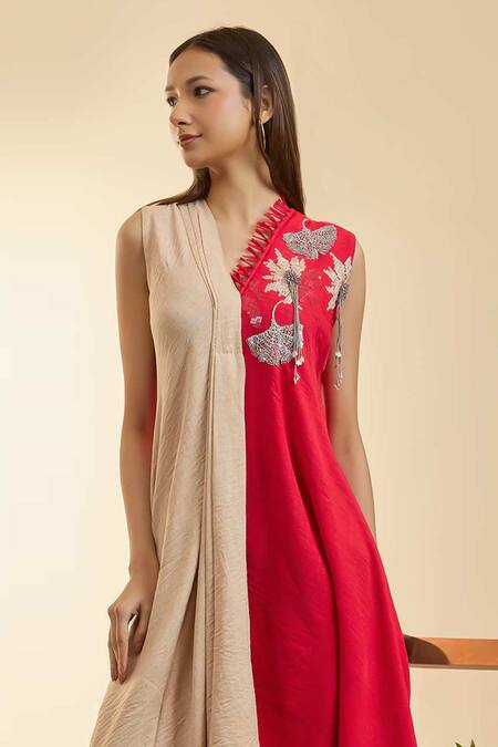 Buy Babita Malkani Beige Linen Embroidery V-neck Asymmetric Mosaic Floral Dress Online at Aza Fashions Buy_Babita Malkani_Beige Linen Embroidery V-neck Asymmetric Mosaic Floral Dress _Online_at_Aza_Fashions
