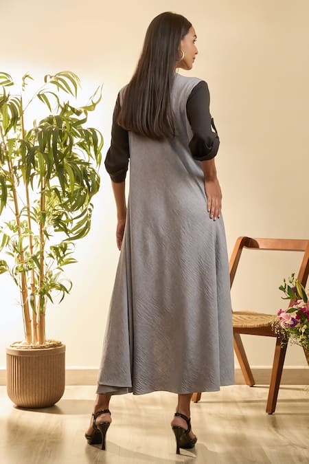 Babita Malkani Black Linen Embroidery V-neck Asymmetric Floral Mosaic Dress Online at Aza Fashions Babita Malkani_Black Linen Embroidery V-neck Asymmetric Floral Mosaic Dress _Online_at_Aza_Fashions