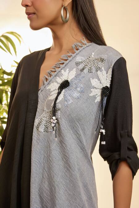 Buy Babita Malkani Black Linen Embroidery V-neck Asymmetric Floral Mosaic Dress Online at Aza Fashions Buy_Babita Malkani_Black Linen Embroidery V-neck Asymmetric Floral Mosaic Dress _Online_at_Aza_Fashions