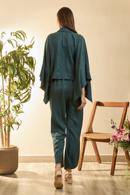 Babita Malkani Green Turkish Linen Mosaic Floral Collared Embroidered Poncho Top With Pant Online at Aza Fashions Babita Malkani_Green Turkish Linen Mosaic Floral Collared Embroidered Poncho Top With Pant _Online_at_Aza_Fashions