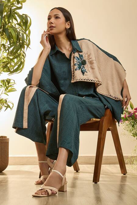 Buy Babita Malkani Green Turkish Linen Mosaic Floral Collared Embroidered Poncho Top With Pant Online at Aza Fashions Buy_Babita Malkani_Green Turkish Linen Mosaic Floral Collared Embroidered Poncho Top With Pant _Online_at_Aza_Fashions