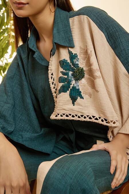 Shop Babita Malkani Green Turkish Linen Mosaic Floral Collared Embroidered Poncho Top With Pant Online at Aza Fashions Shop_Babita Malkani_Green Turkish Linen Mosaic Floral Collared Embroidered Poncho Top With Pant _Online_at_Aza_Fashions