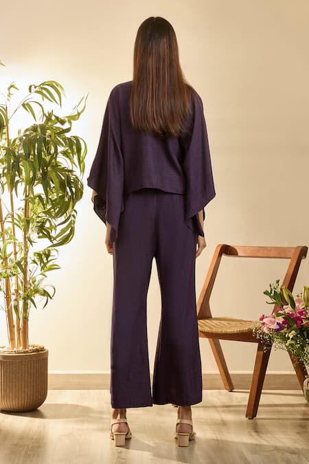 Babita Malkani Purple Linen Embroidery Collared Mosaic Floral Poncho Top And Pant Set Online at Aza Fashions Babita Malkani_Purple Linen Embroidery Collared Mosaic Floral Poncho Top And Pant Set _Online_at_Aza_Fashions