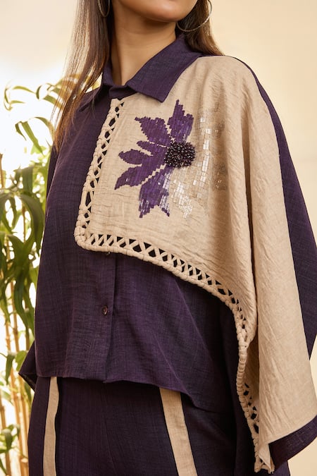 Buy Babita Malkani Purple Linen Embroidery Collared Mosaic Floral Poncho Top And Pant Set Online at Aza Fashions Buy_Babita Malkani_Purple Linen Embroidery Collared Mosaic Floral Poncho Top And Pant Set _Online_at_Aza_Fashions