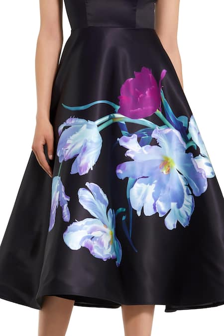 Mac Duggal_Black Polyester Boat Neck Floral Print Midi Dress _Online_at_Aza_Fashions