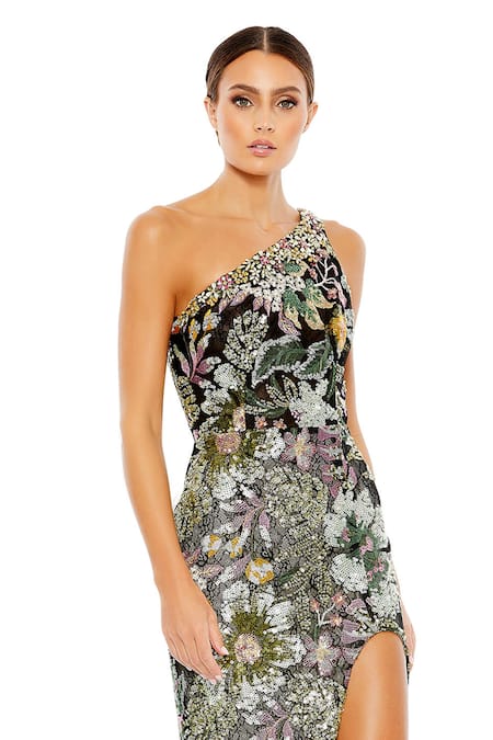 Buy_Mac Duggal_Multi Color Polyester Sequin, Thread Asymmetric Floral Embroidered Gown _Online_at_Aza_Fashions