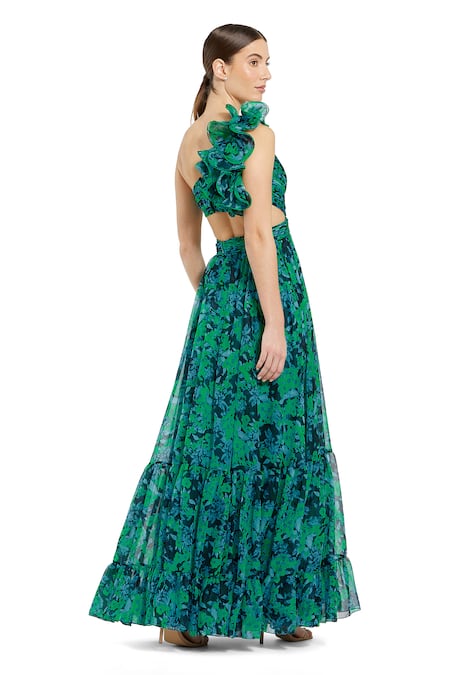 Shop Mac Duggal Green Polyester Ruffles Asymmetric Floral One Shoulder Gown at Aza Fashions Shop_Mac Duggal_Green Polyester Ruffles Asymmetric Floral One Shoulder Gown _at_Aza_Fashions
