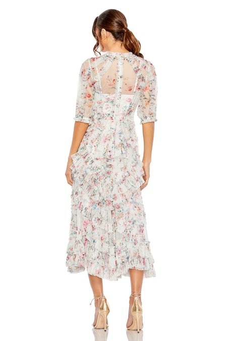 Shop Mac Duggal White Polyester Ruffles Round Neck Floral Printed Midi Dress at Aza Fashions Shop_Mac Duggal_White Polyester Ruffles Round Neck Floral Printed Midi Dress _at_Aza_Fashions