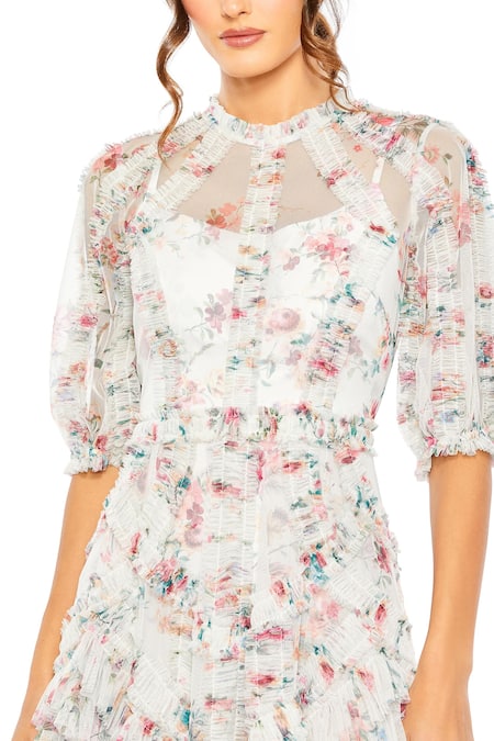 Mac Duggal White Polyester Ruffles Round Neck Floral Printed Midi Dress Online at Aza Fashions Mac Duggal_White Polyester Ruffles Round Neck Floral Printed Midi Dress _Online_at_Aza_Fashions