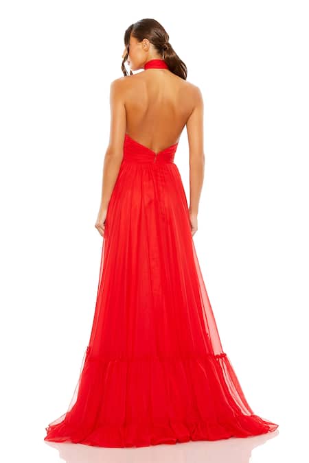 Shop Mac Duggal Red Polyester Embroidery Halter Neck Floral Applique Gown at Aza Fashions Shop_Mac Duggal_Red Polyester Embroidery Halter Neck Floral Applique Gown _at_Aza_Fashions