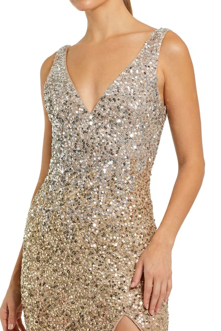 Buy_Mac Duggal_Gold Polyester Sequin, Bead Plunging V Neck And Embroidered Gown _Online_at_Aza_Fashions
