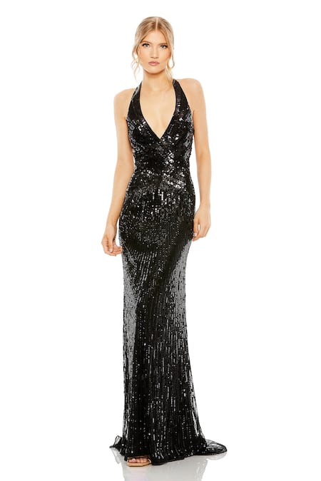 Mac Duggal Black Polyester Sequins, Cut Work Halter Neck Embellished Gown 