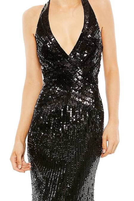 Mac Duggal Black Polyester Sequins, Cut Work Halter Neck Embellished Gown Online at Aza Fashions Mac Duggal_Black Polyester Sequins, Cut Work Halter Neck Embellished Gown _Online_at_Aza_Fashions