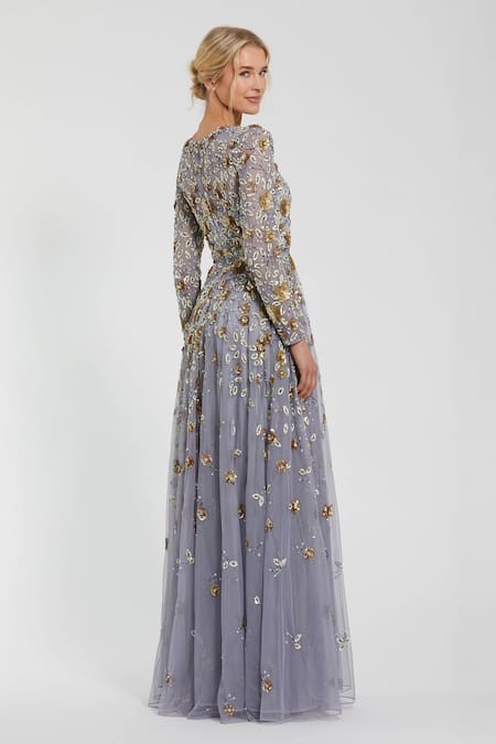 Shop Mac Duggal Grey Polyester Cutdana, Sequin High Neck Bloom Embroidered A-line Gown at Aza Fashions Shop_Mac Duggal_Grey Polyester Cutdana, Sequin High Neck Bloom Embroidered A-line Gown _at_Aza_Fashions
