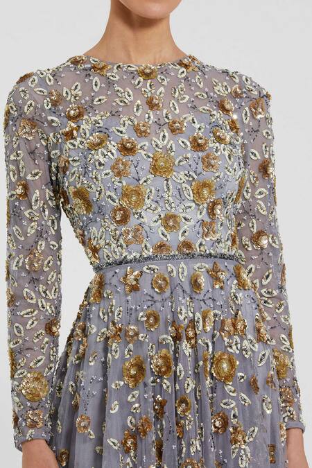 Mac Duggal Grey Polyester Cutdana, Sequin High Neck Bloom Embroidered A-line Gown Online at Aza Fashions Mac Duggal_Grey Polyester Cutdana, Sequin High Neck Bloom Embroidered A-line Gown _Online_at_Aza_Fashions