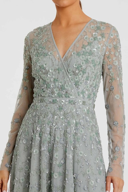 Mac Duggal_Grey Polyester Sequin V Neck Garden Embroidered Wrap Gown _Online_at_Aza_Fashions