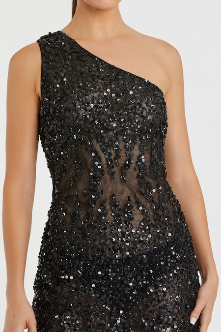 Mac Duggal Black Polyester Sequin One Shoulder Neck Petal Embellished Dress Online at Aza Fashions Mac Duggal_Black Polyester Sequin One Shoulder Neck Petal Embellished Dress _Online_at_Aza_Fashions
