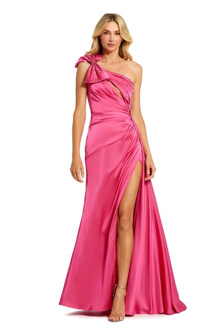 Mac Duggal Pink Polyester Crystal One Shoulder Neck Bow Embellished Gown 