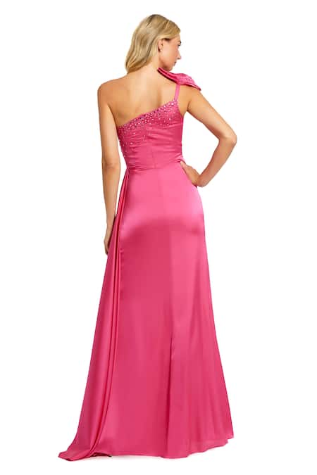 Shop Mac Duggal Pink Polyester Crystal One Shoulder Neck Bow Embellished Gown at Aza Fashions Shop_Mac Duggal_Pink Polyester Crystal One Shoulder Neck Bow Embellished Gown _at_Aza_Fashions