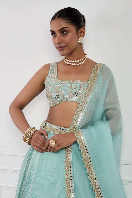 Neha Khullar_Sky Blue Organza, , Tissue, Satin Mirrors, Embroidered Lehenga Set _Online_at_Aza_Fashions