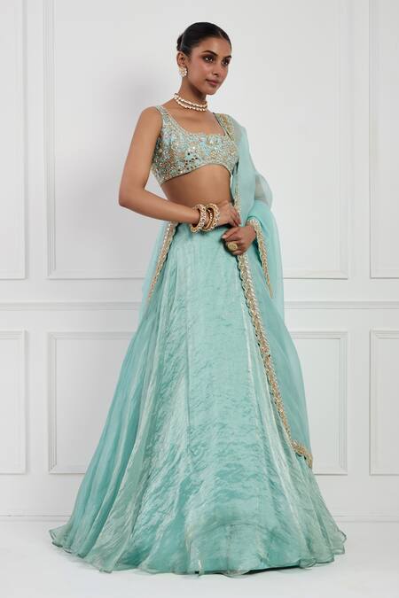Buy_Neha Khullar_Sky Blue Organza, , Tissue, Satin Mirrors, Embroidered Lehenga Set _Online_at_Aza_Fashions