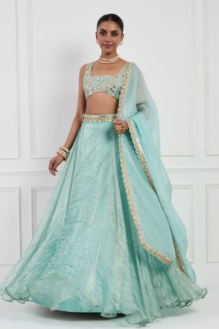 Shop_Neha Khullar_Sky Blue Organza, , Tissue, Satin Mirrors, Embroidered Lehenga Set _Online_at_Aza_Fashions