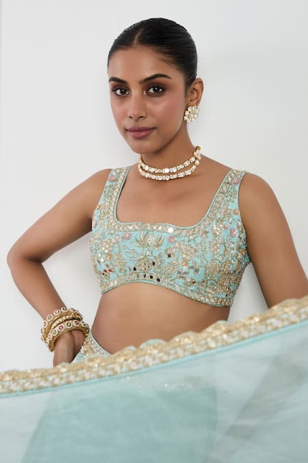 Neha Khullar_Sky Blue Organza, , Tissue, Satin Mirrors, Embroidered Lehenga Set _at_Aza_Fashions