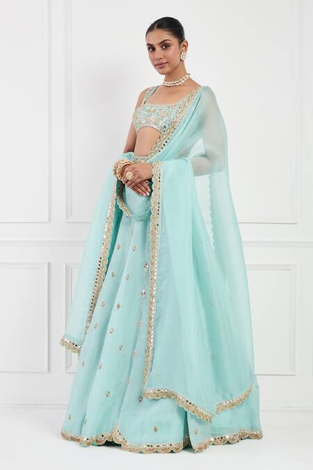 Neha Khullar_Sky Blue Organza, Silk, Cotton, Linen Mirrors, Pearls, Embroidered Lehenga Set _Online_at_Aza_Fashions