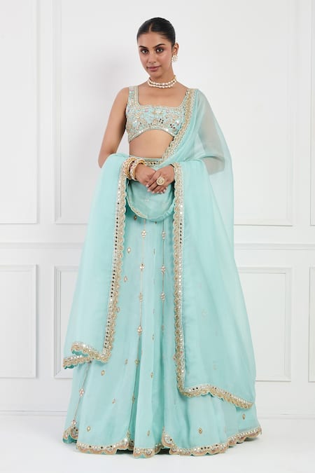 Buy_Neha Khullar_Sky Blue Organza, Silk, Cotton, Linen Mirrors, Pearls, Embroidered Lehenga Set _Online_at_Aza_Fashions
