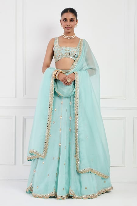 Shop_Neha Khullar_Sky Blue Organza, Silk, Cotton, Linen Mirrors, Pearls, Embroidered Lehenga Set _Online_at_Aza_Fashions