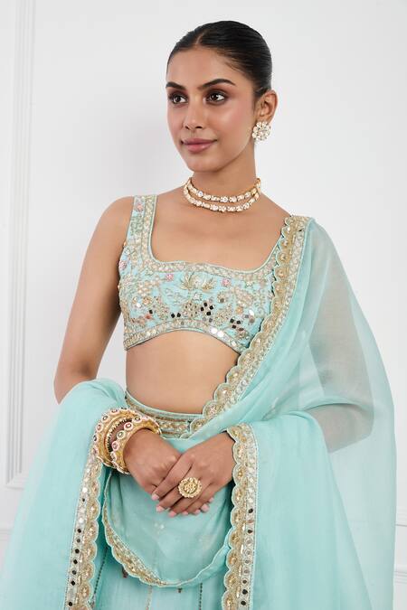 Neha Khullar_Sky Blue Organza, Silk, Cotton, Linen Mirrors, Pearls, Embroidered Lehenga Set _at_Aza_Fashions