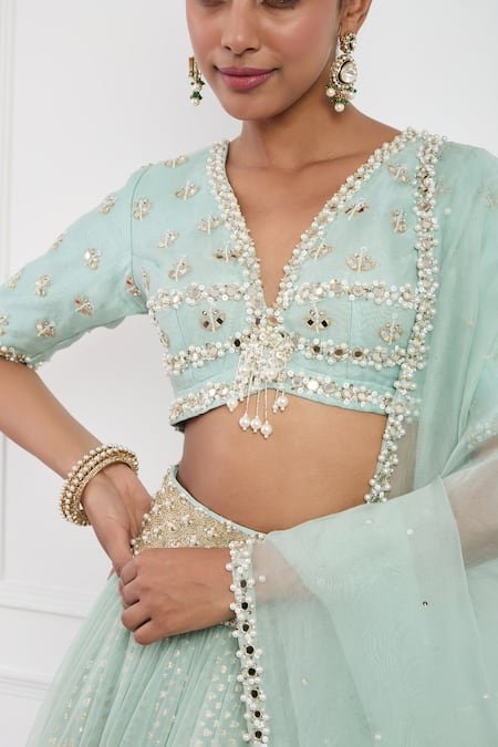 Neha Khullar Sky Blue Net, Banarasi Silk, Lining Shantoon, Embroidered Tiered Lehenga Set Online at Aza Fashions Neha Khullar_Sky Blue Net, Banarasi Silk, Lining Shantoon, Embroidered Tiered Lehenga Set _Online_at_Aza_Fashions