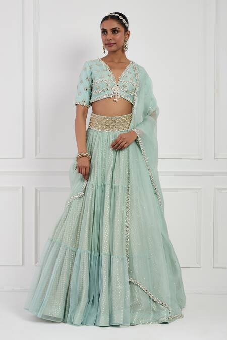 Buy Neha Khullar Sky Blue Net, Banarasi Silk, Lining Shantoon, Embroidered Tiered Lehenga Set Online at Aza Fashions Buy_Neha Khullar_Sky Blue Net, Banarasi Silk, Lining Shantoon, Embroidered Tiered Lehenga Set _Online_at_Aza_Fashions
