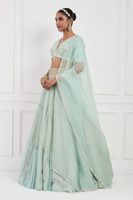 Shop Neha Khullar Sky Blue Net, Banarasi Silk, Lining Shantoon, Embroidered Tiered Lehenga Set Online at Aza Fashions Shop_Neha Khullar_Sky Blue Net, Banarasi Silk, Lining Shantoon, Embroidered Tiered Lehenga Set _Online_at_Aza_Fashions