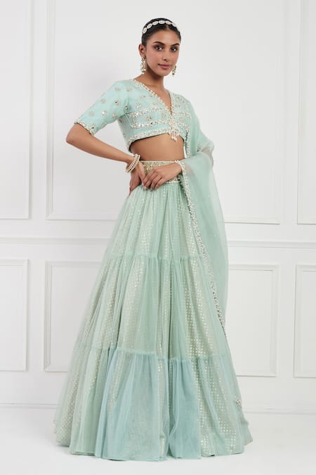 Neha Khullar Sky Blue Net, Banarasi Silk, Lining Shantoon, Embroidered Tiered Lehenga Set at Aza Fashions Neha Khullar_Sky Blue Net, Banarasi Silk, Lining Shantoon, Embroidered Tiered Lehenga Set _at_Aza_Fashions