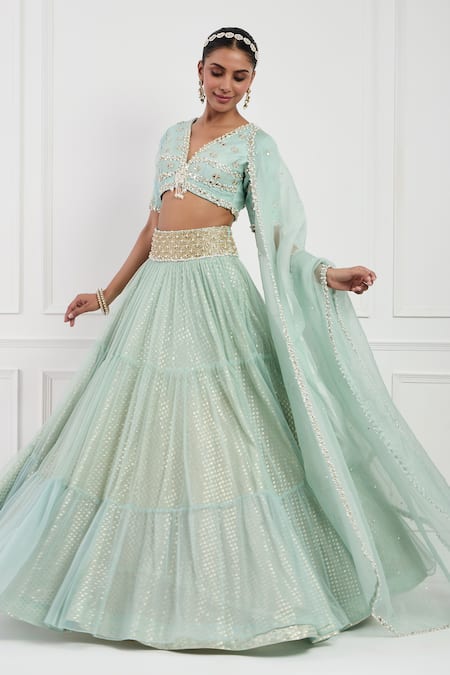 Buy Neha Khullar Sky Blue Net, Banarasi Silk, Lining Shantoon, Embroidered Tiered Lehenga Set Buy_Neha Khullar_Sky Blue Net, Banarasi Silk, Lining Shantoon, Embroidered Tiered Lehenga Set