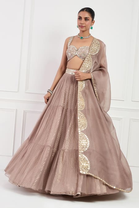 Neha Khullar_Brown Net, Chanderi, Organza, Silk Pearls, Mocha Mouse Mirror Lehenga Set _Online_at_Aza_Fashions