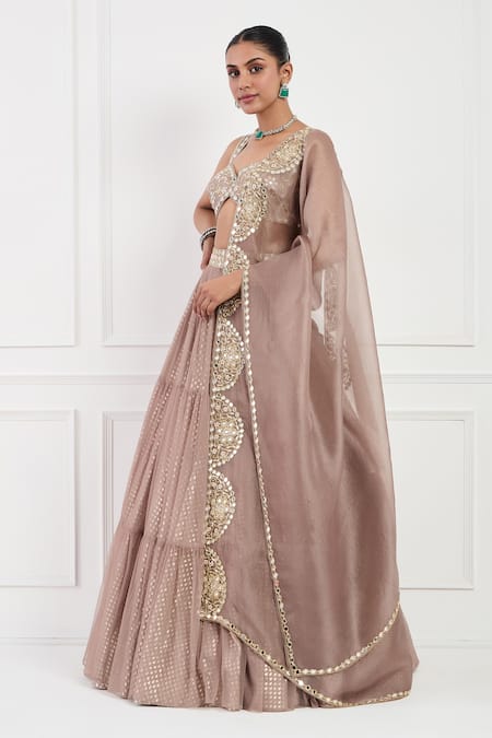 Buy_Neha Khullar_Brown Net, Chanderi, Organza, Silk Pearls, Mocha Mouse Mirror Lehenga Set _Online_at_Aza_Fashions