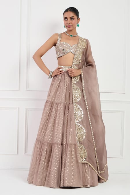 Shop_Neha Khullar_Brown Net, Chanderi, Organza, Silk Pearls, Mocha Mouse Mirror Lehenga Set _Online_at_Aza_Fashions