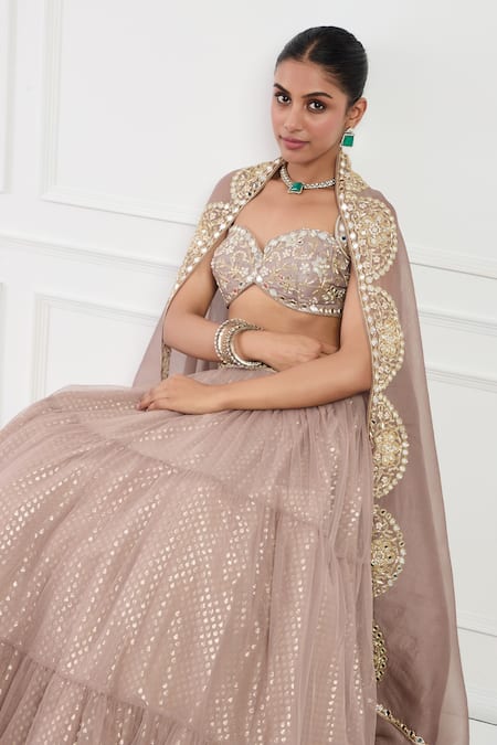 Neha Khullar_Brown Net, Chanderi, Organza, Silk Pearls, Mocha Mouse Mirror Lehenga Set _at_Aza_Fashions