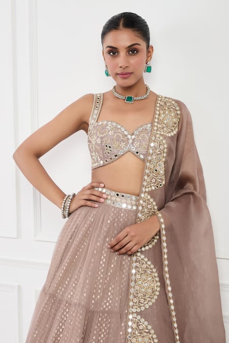 Buy_Neha Khullar_Brown Net, Chanderi, Organza, Silk Pearls, Mocha Mouse Mirror Lehenga Set 