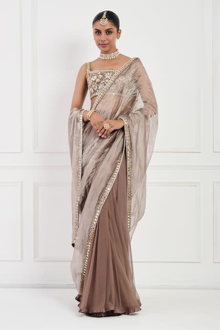 Neha Khullar_Brown Silk, Net, Linen Diamonds, Cut Work, Floral Mocha Pre-draped Saree _Online_at_Aza_Fashions