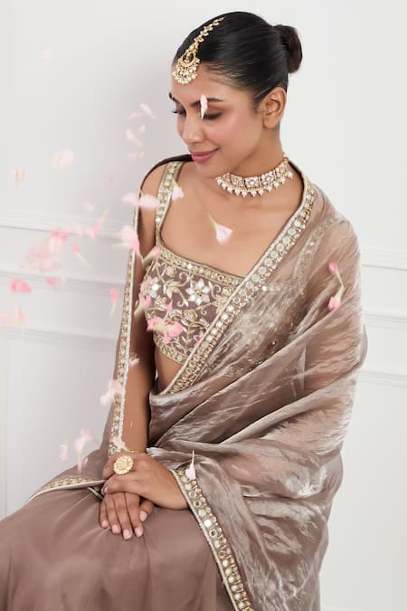 Buy_Neha Khullar_Brown Silk, Net, Linen Diamonds, Cut Work, Floral Mocha Pre-draped Saree _Online_at_Aza_Fashions