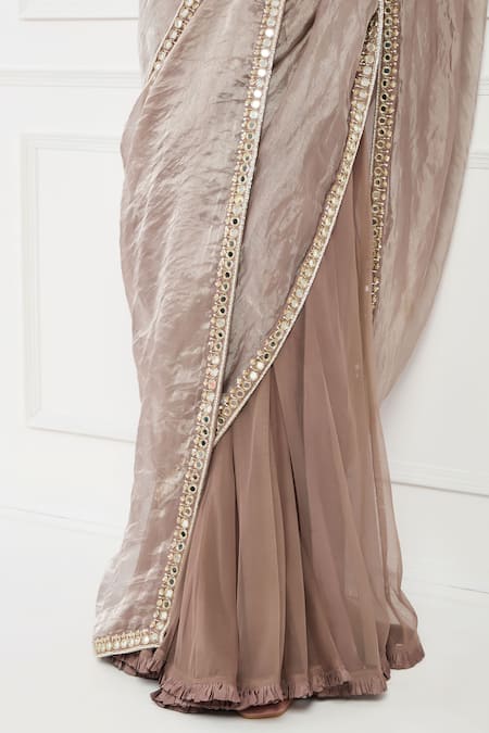 Shop_Neha Khullar_Brown Silk, Net, Linen Diamonds, Cut Work, Floral Mocha Pre-draped Saree _Online_at_Aza_Fashions