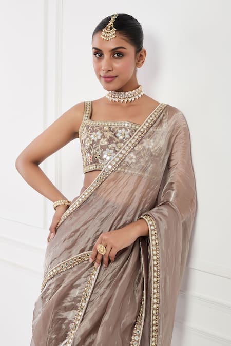 Neha Khullar_Brown Silk, Net, Linen Diamonds, Cut Work, Floral Mocha Pre-draped Saree _at_Aza_Fashions