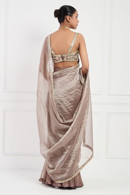 Neha Khullar Floral Embroidered Mocha Pre-Draped Saree 